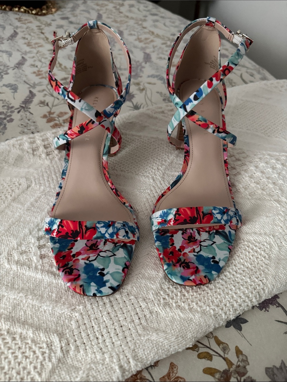 Kelly & Katie Floral Crisscross Ankle Strap Heels in Red, Blue, Pink